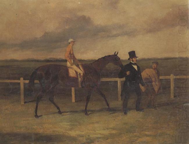 Harry Hall Mr J B Morris Leading his Racehorse 'Hungerford' with Jockey up and a Groom On a Racetrack china oil painting image
